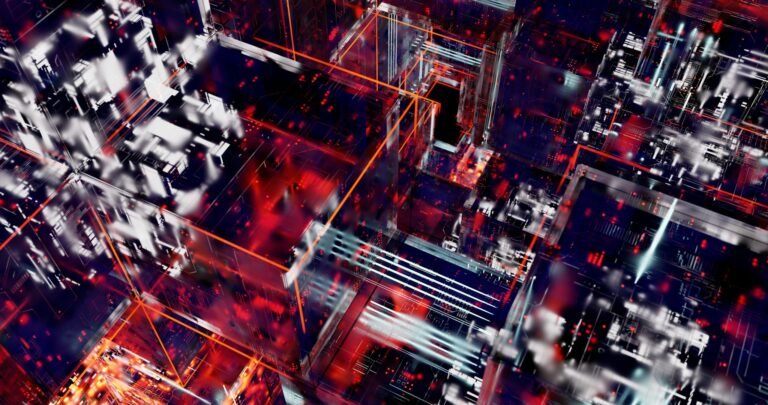 Dynamic abstract depiction of digital circuits with vivid lights and glowing lines.